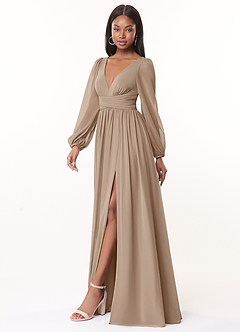Azazie Norah Brautjungfernkleider A-Linie Lange Ärmel mit V-Ausschnitt Chiffon Kleid Taupe image4