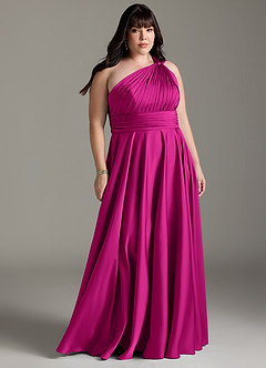 Azazie Charlize Bridesmaid Dresses Fuchsia A-Line One Shoulder Stretch Satin Dress image9