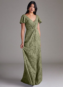 Azazie Soren Final Sale Pistachio A-Line Pleated Floral Burnout Dress image2