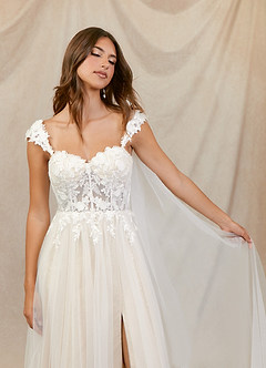 Azazie Katia At-home Try On Dresses Diamond White Champagne A-Line Lace Tulle Dress image5