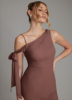 Azazie Aylin Bridesmaid Dresses Espresso Sheath Off the Shoulder Chiffon Dress image3