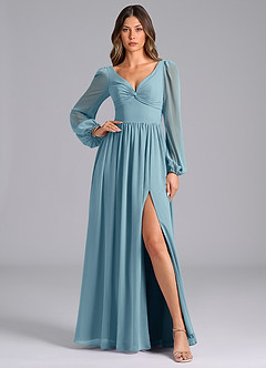 Azazie Zeya Bridesmaid Dresses Moody Blue A-Line Long Sleeve Chiffon Dress image1