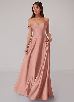 Barbie ♥ Azazie Bridesmaid Dresses Rosette A-Line Off the Shoulder Stretch Satin Convertible Dress image2