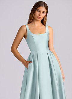 Azazie Amalie 신부 들러리 드레스 A라인 주름진 스트레치 새틴 티 길이 드레스 image2