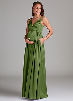 Azazie Emree Maternity Bridesmaid Dresses A-Line Stretch Satin Floor-Length Dress with Pockets image3