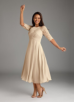 Azazie Dorothea 신부의 어머니 드레스 A라인 레이스 쉬폰 티 길이 드레스 image2