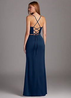 Azazie Brookelle Bridesmaid Dresses Dark Navy Sheath Sweetheart Corset Stretch Satin Dress image3