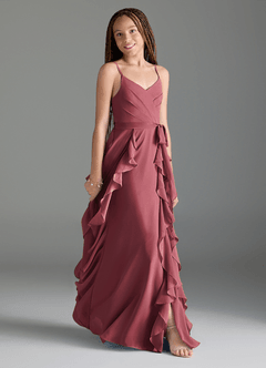 Azazie Peyton Junior Merlot A-Line V-Neck Cascading Ruffles Chiffon Dress image3
