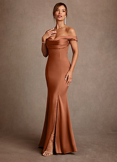 Azazie Boone Mother of the Bride Dresses Copper Mermaid Off the Shoulder Stretch Satin Dress image4