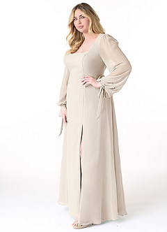 Azazie Leonia Brautjungfernkleider A-Linie Langarm Chiffon Kleid Alabaster Weiß image3