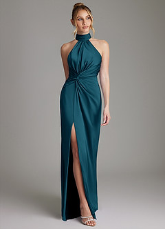 Azazie Gracelynn Bridesmaid Dresses Ink Blue Sheath Pleated Stretch Satin Dress image1