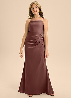 Azazie Renna Junior Espresso A-Line Pleated Stretch Satin Dress image4
