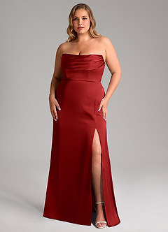 Azazie Saige Bridesmaid Dresses Pomegranate Sheath Off the Shoulder Stretch Satin Dress image16