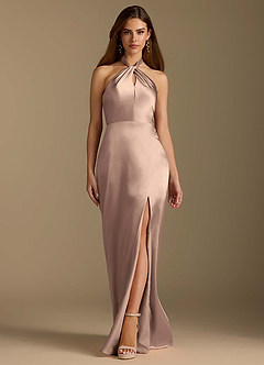 Azazie Tracie Final Sale Taupe A-Line Pleated Metallic Satin Dress image6