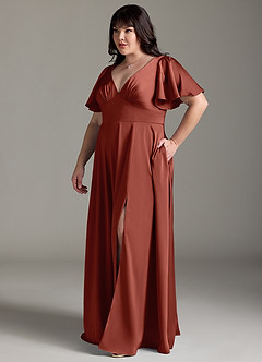 Azazie Kimber Robes de demoiselle d'honneur Robe Trapèze en Satin extensible Rayé Terracotta image10