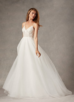 Azazie Tatiana Probar vestidos en casa Vestido de Diamante Blanco de Tul de Corte en A con Lentejuelas cuello pico image5