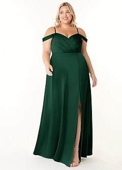 Azazie Ocean Bridesmaid Dresses Dark Green A-Line V-Neck Pleated Stretch Satin Dress image12