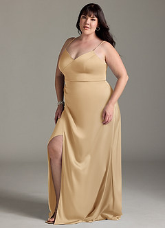 Azazie Marchella Bridesmaid Dresses Gold A-Line Corset Stretch Satin Dress image10