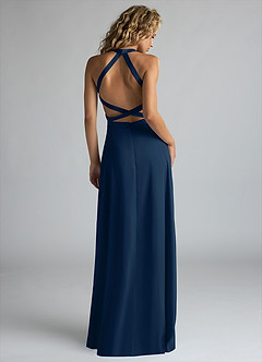 Azazie Clarice Bridesmaid Dresses Dark Navy A-Line High Neck Stretch Satin Dress image3