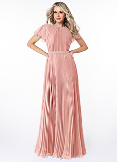 Azazie Kara Bescheidene Brautjungfernkleider A-Linie Plissee Chiffon Bodenlänge Kleid image1