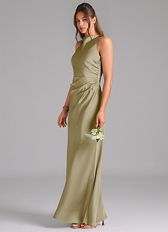 Azazie Evadne Bridesmaid Dresses Moss Green A-Line Pleated Stretch Satin Dress image1