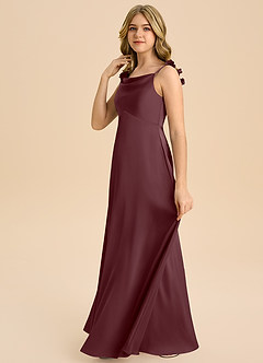 Azazie Gumdrop Junior 엠파이어 주름진 스트레치 새틴 플로어 길이 주니어 신부 들러리 드레스 image5