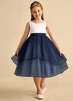 Azazie Rene Flower Girl Dresses Ivory Dark Navy A-Line Bow Tulle Dress image4