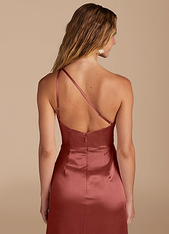Azazie Mika Bridesmaid Dresses Terracotta Sheath One Shoulder Metallic Satin Dress image2
