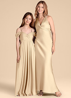 Azazie Kaitlynn Junior Jurk van Stretch Satijn met A-Lijn Off the Shoulder Champagne image3