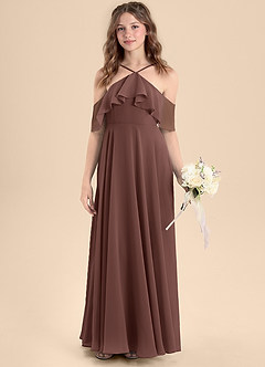 Azazie Tessabelle Junior Jurk van Chiffon met A-Lijn Off the Shoulder Espresso image4