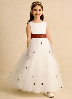 Azazie Cricket Flower Girl Dresses Ivory Paprika Ball-Gown Pleated Matte Satin Dress image3