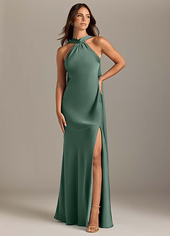 Azazie Kinsley Abiti da Damigella Abito Sirena in Raso Elasticizzato Spacco Laterale Eucalipto image1