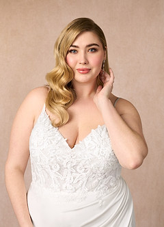 Azazie Rosalina Wedding Dresses Diamond White Mermaid V-Neck lace Crepe Back Satin Dress image10