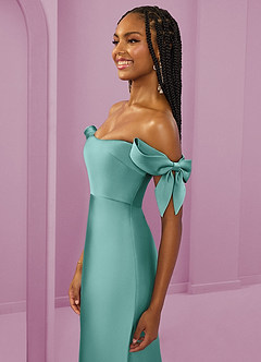 Barbie ♥ Azazie Bridesmaid Dresses Aqua Sheath Off the Shoulder Stretch Satin Convertible Dress image6