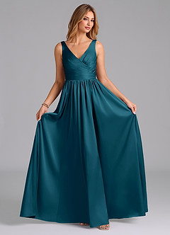 Azazie Keyla Bridesmaid Dresses Ink Blue A-Line Pleated Stretch Satin Dress image3