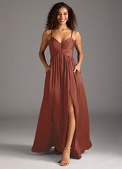 Azazie Alia Bridesmaid Dresses Auburn A-Line Pleated Stretch Satin Dress image9