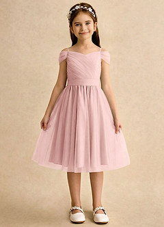 Azazie Lila Girls Formal Robe Demoiselle D'honneur Fillette Robe Trapèze en Tulle Épaule décolletée Rose Poudré image1