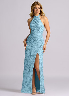 Azazie Jemma Bridesmaid Dresses Blue Fern Floral Sheath Pleated Chiffon Dress image1