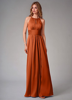 Azazie Bonnie Vestidos de damas de honor Vestido de Naranja Quemada de Satén Elástico de Corte en A con Plisado image6