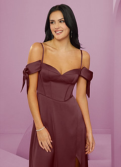 Barbie ♥ Azazie Bridesmaid Dresses Sangria A-Line Off the Shoulder Stretch Satin Dress image5