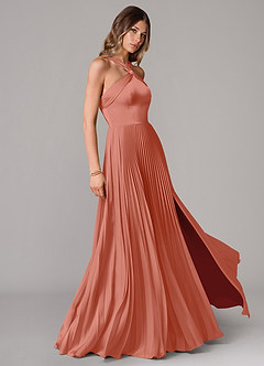Azazie Afra Abiti da Damigella Abito A-Line in Raso Elasticizzato Plissettato Salmone Rosa image3