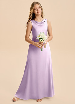 Azazie Kiki Junior Robe Trapèze en Satin extensible Arc Frostiges Flieder image3