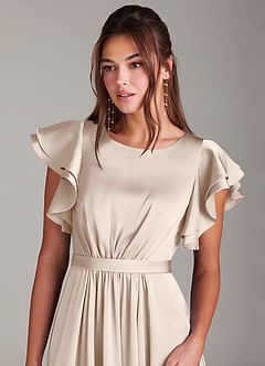 Azazie Daphne Modest Bridesmaid Dresses A-Line Ruched Stretch Satin Floor-Length Dress image5