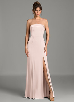 Azazie Helena At-home Try On Dresses Blushing Pink Mermaid Strapless Stretch Satin Dress image5