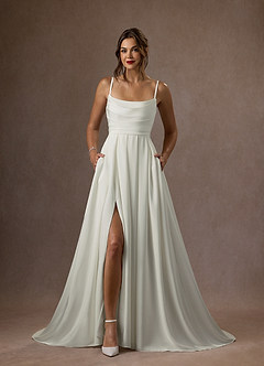 Azazie Caymus Wedding Dresses Cream A-Line Scoop Pleated Crepe Back Satin Dress image1