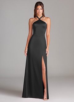 Azazie Elliana Bridesmaid Dresses Black A-Line Side Slit Stretch Satin Dress image5