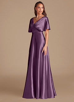 Azazie Pamela Bridesmaid Dresses Plum A-Line Pleated Metallic Satin Dress image4