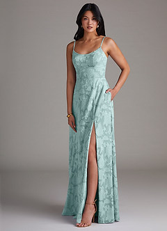 Azazie Moira Bridesmaid Dresses Mist A-Line Side Slit Floral Burnout Dress image3