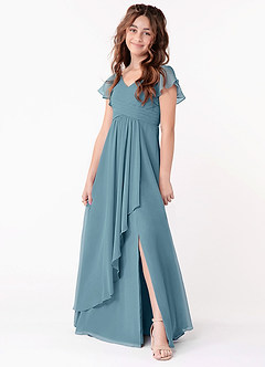Azazie Omari Junior Moody Blue A-Line Ruched Chiffon Dress image1