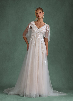 Azazie Renesmee Wedding Dresses Diamond White Champagne A-Line Sequins Tulle Dress image1